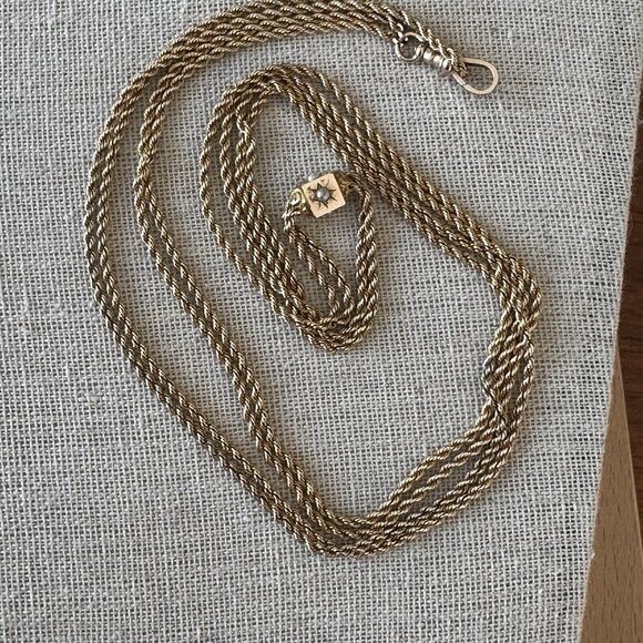 Victorian Pearl Slide Necklace Pocket Watch Chain 14k Yellow Gold 24" 18.7g - Picture 4 of 16